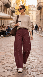 Cargar imagen en el visor de la galería, Pantalón de corte barrel sin pliegues, adornado con corazones en tejido sarga. Cintura elástica, bolsillos laterales
